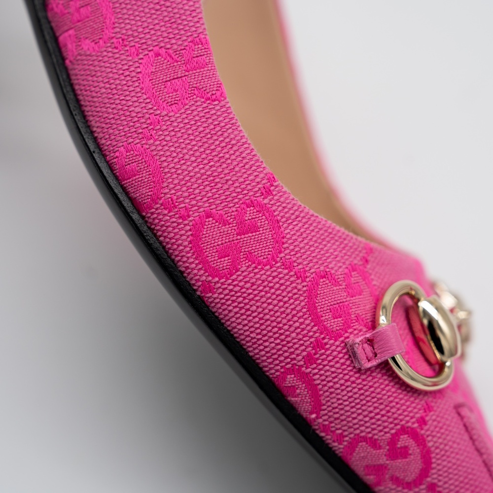 size 39.5G 9.5 US Gucci Horsebit Slingback Flat Pink GG Canvas - Picture 8 of 13